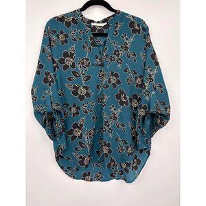 Lush Floral Split V Neck Roll Tab Sleeve Blouse Top Teal Black Large